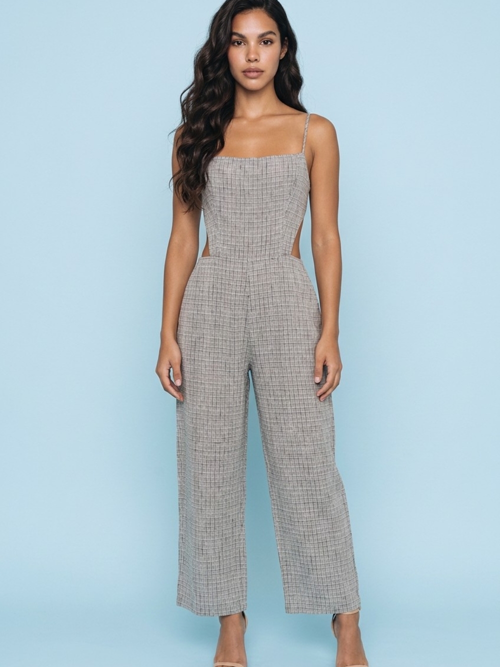 Reformation Plaid Cutout Square-Neck Wide-Leg Jumpsuit